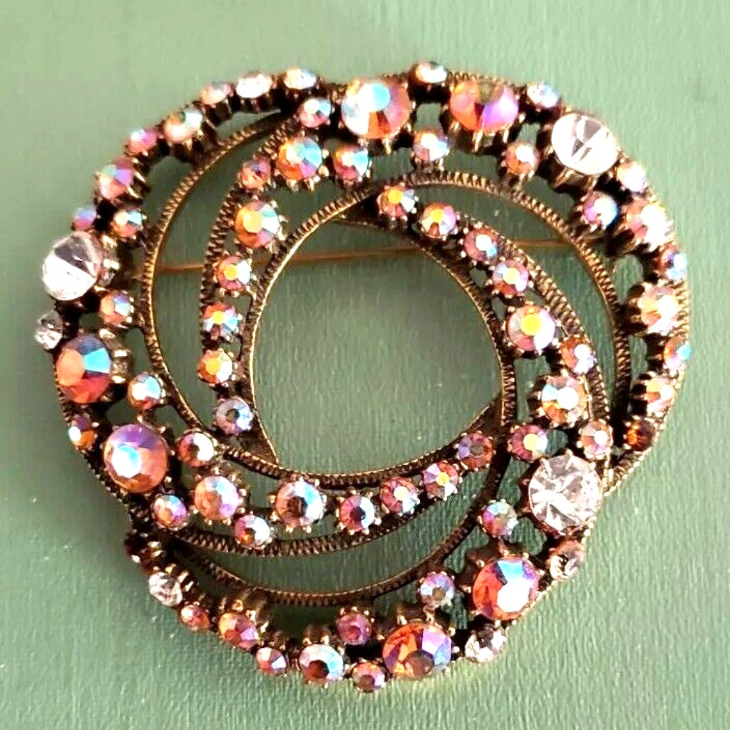 Large Vintage Signed Florenza Ab Rhinestones Swirl Brooch Estate Jewelry Item 49$